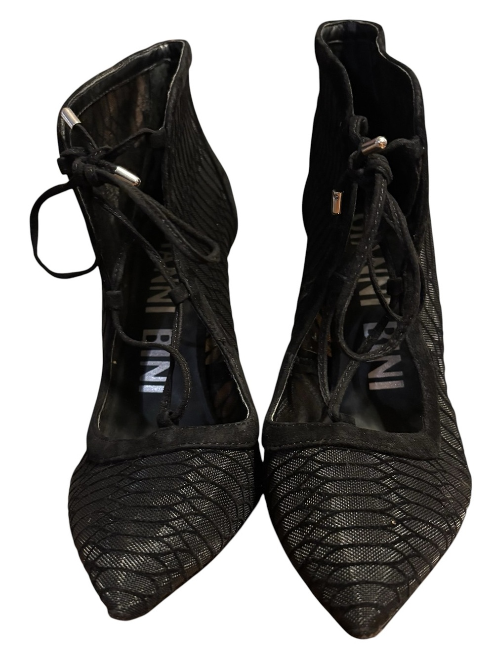 Gianni Bini Zooleika Black Lace Up Mesh Ankle Boots Stiletto See Thru Booties 8
